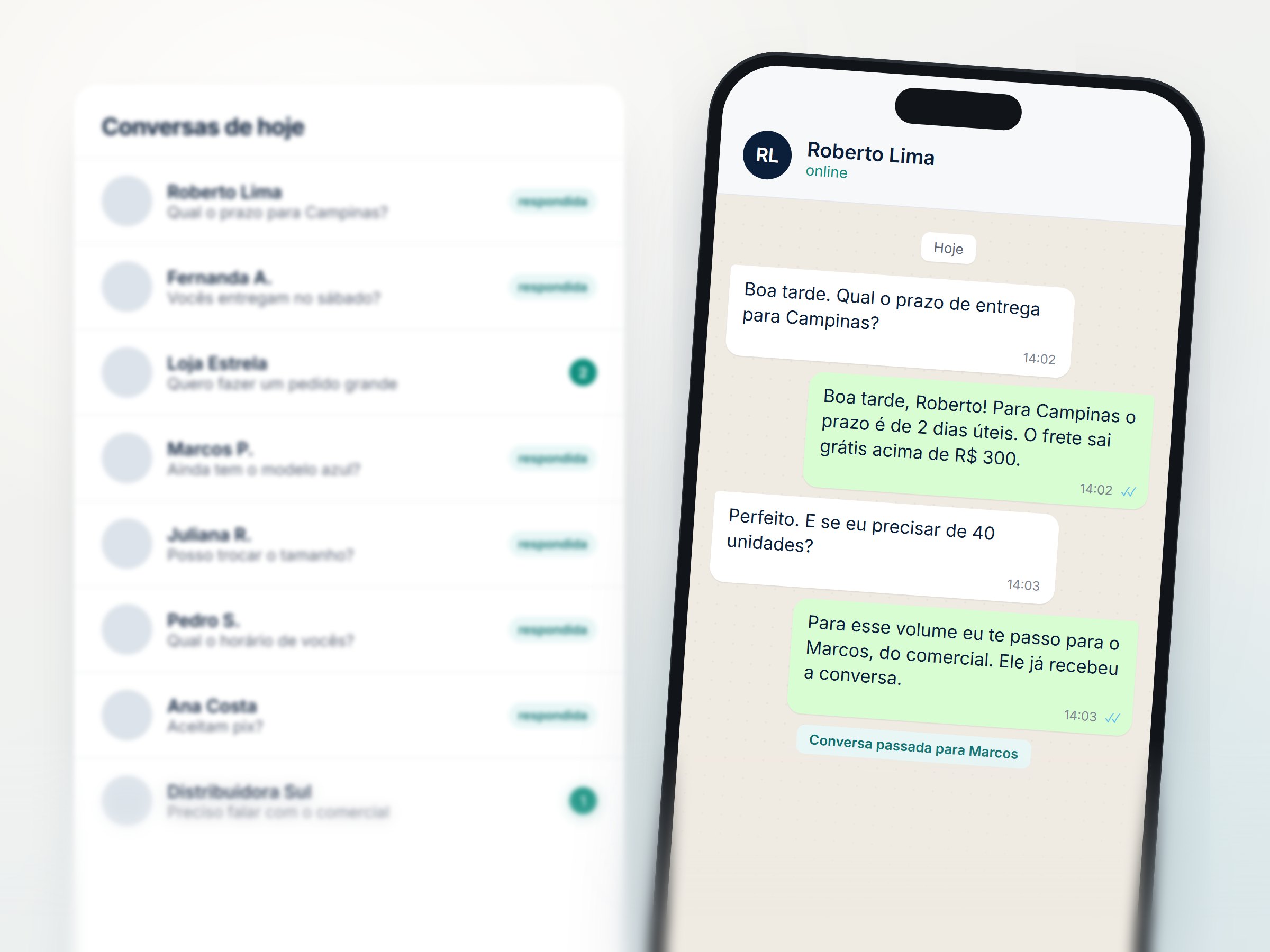 Conversa em que o sistema responde o prazo de entrega e passa o cliente para o vendedor quando o pedido é grande.