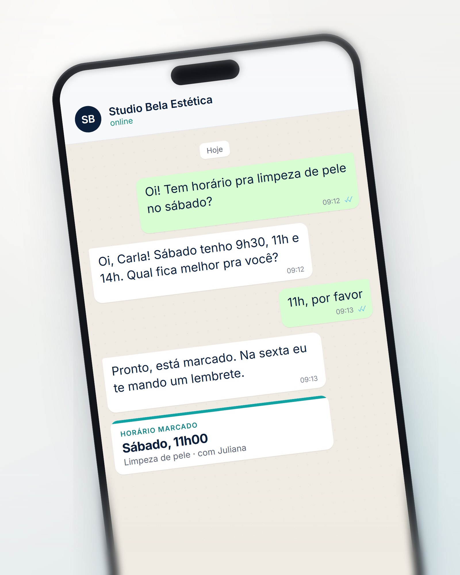 Conversa no WhatsApp em que a cliente pede horário para limpeza de pele e o sistema marca sábado às 11h.