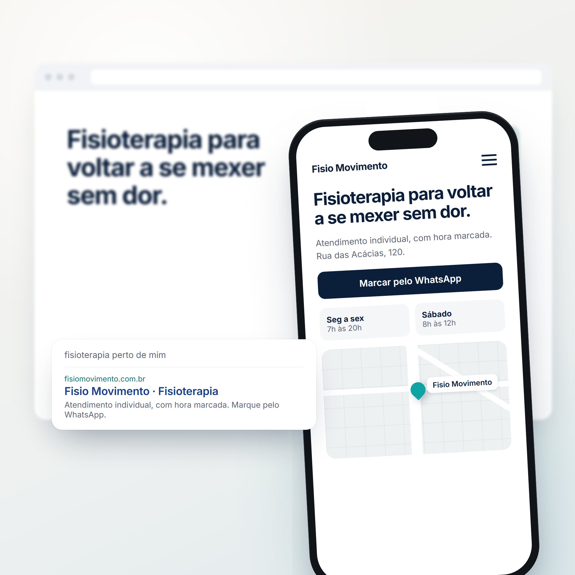 Site de uma clínica de fisioterapia aberto no celular, com botão para marcar pelo WhatsApp e o resultado na busca do Google.